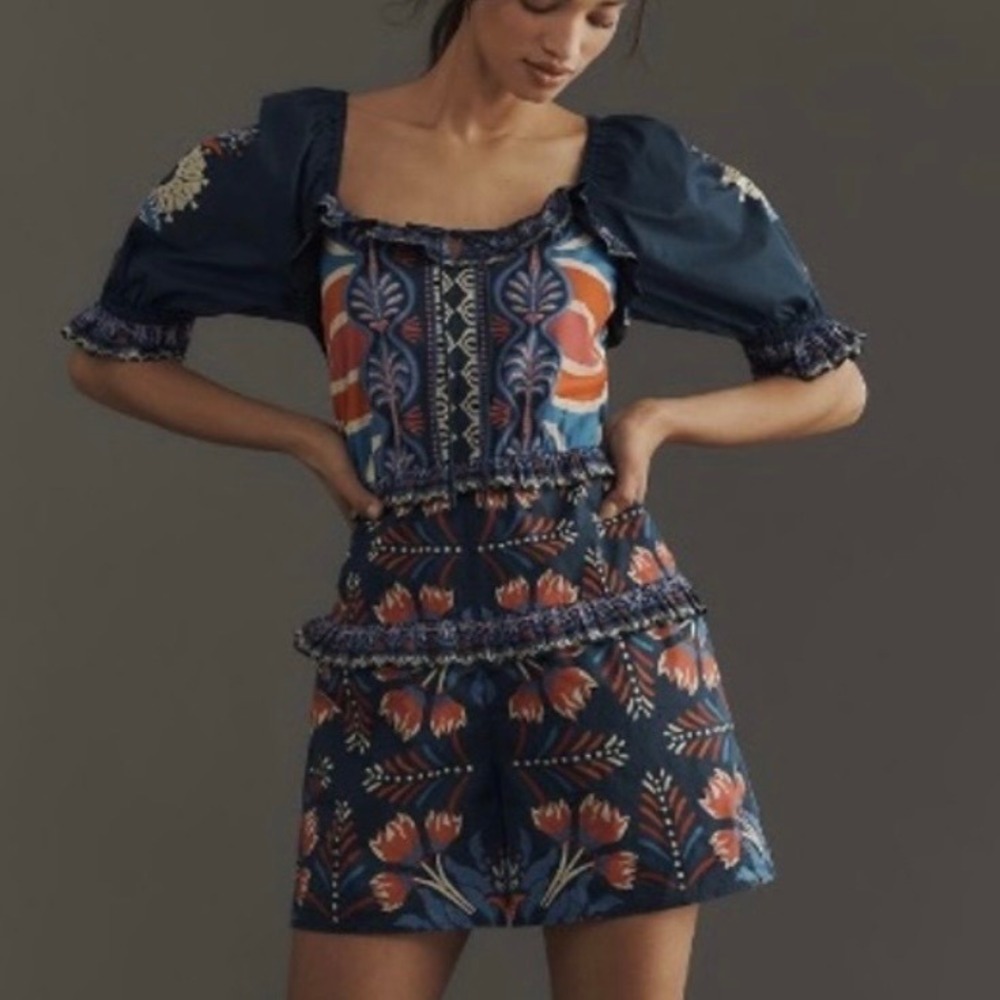 Farm Rio Blue Floral Tiered Ruffle Romper Short Sleeve Square Neck Puffy Sleeves